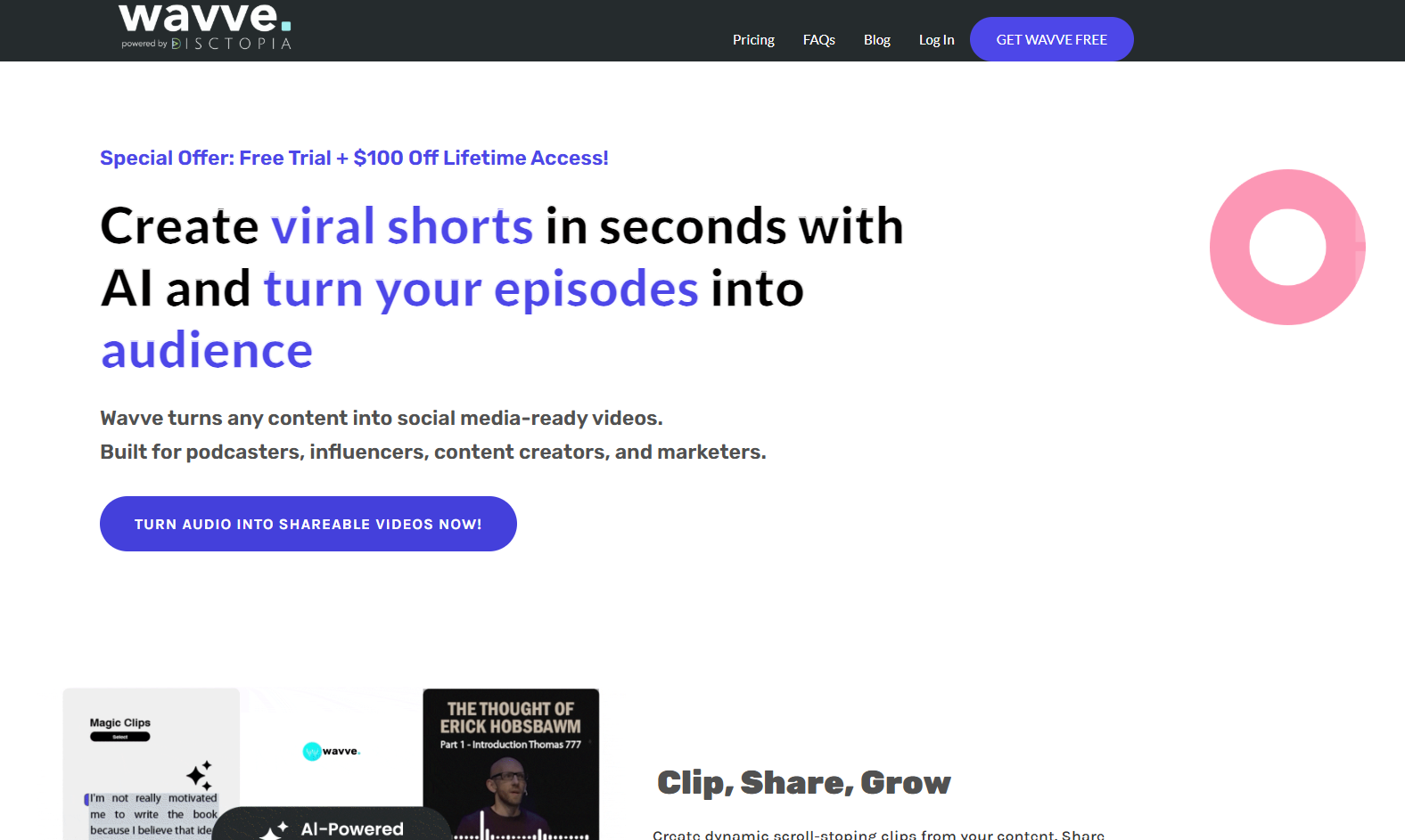 Wavve homepage: Create viral shorts in seconds with AI and turn your episodes into audience