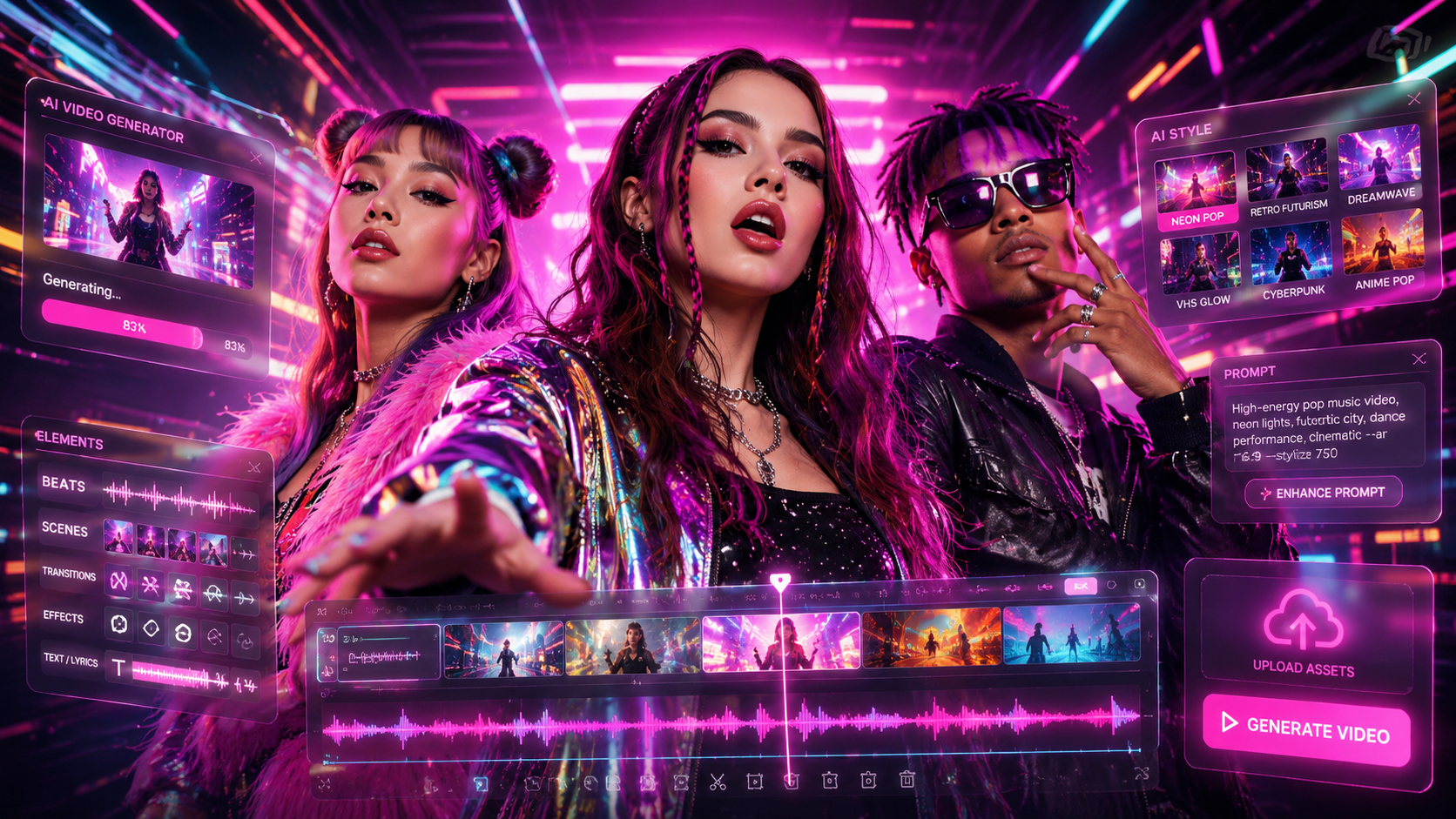 AI music video workflow guide cover image with neon pop visuals and a futuristic generation interface