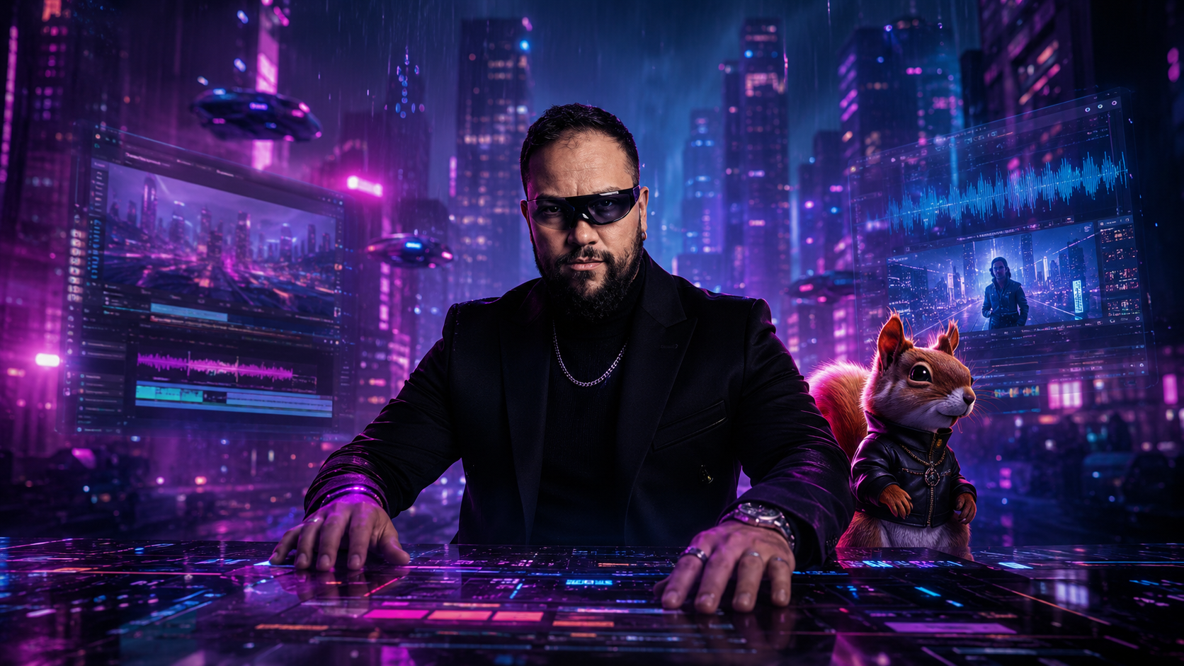 AI music video creator working in a futuristic neon editing studio