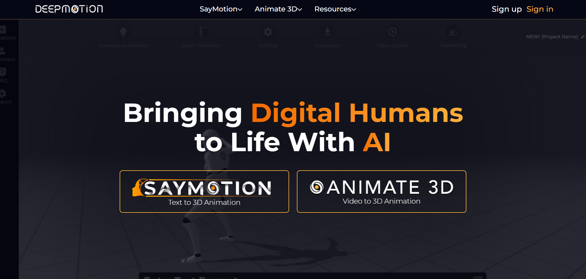 DeepMotion Animate 3D interface screenshot