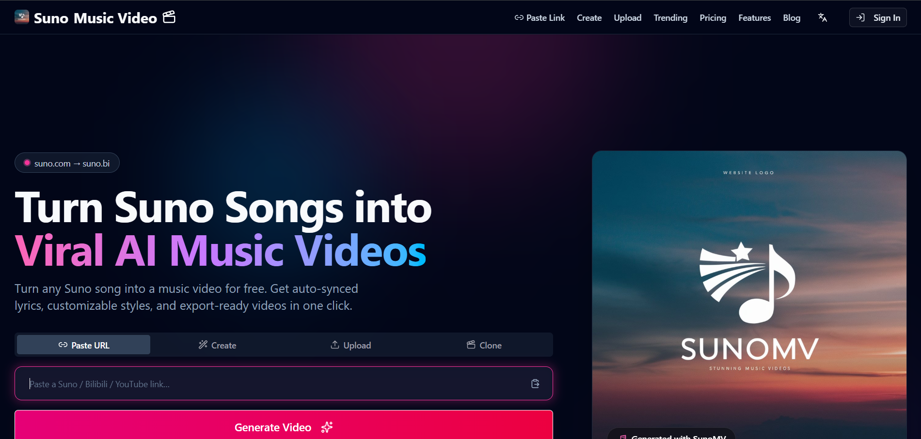 SunoMV product interface screenshot