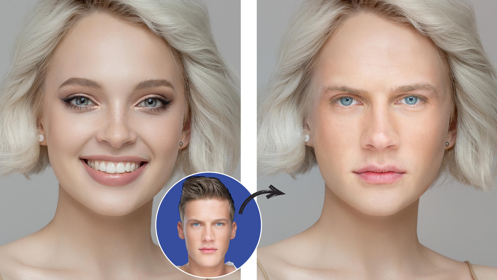Image showing a face swap result where a female face is transformed into a male face using AI photo editing software. The left shows the original female portrait, the right shows the edited male portrait, with a close-up of the male face inset. - 1920x1080
