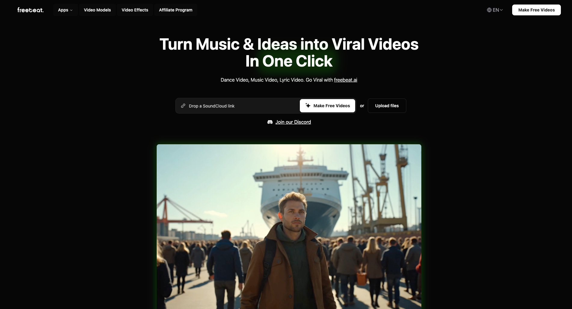 A screenshot of the Freebeat.ai website, promoting its one-click viral video generation feature, showing the user interface and example videos. - 1902x1026