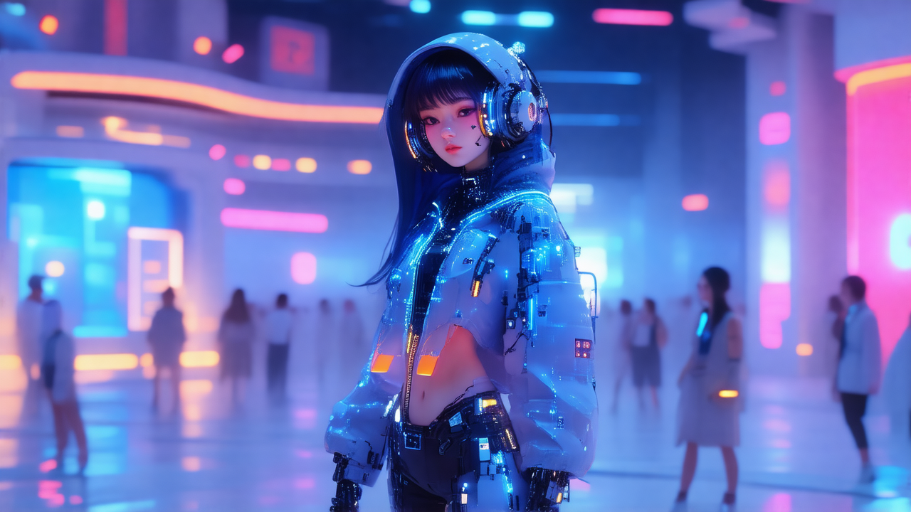 Digital artwork of a girl in futuristic attire. She is wearing headphones and standing in a neon-lit interior. - 1280x720