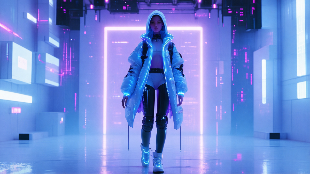 A young woman in futuristic fashion walks down a neon-lit corridor. She wears a sleek blue jacket, black pants, and matching shoes. The background has a sci-fi aesthetic. - 1280x720