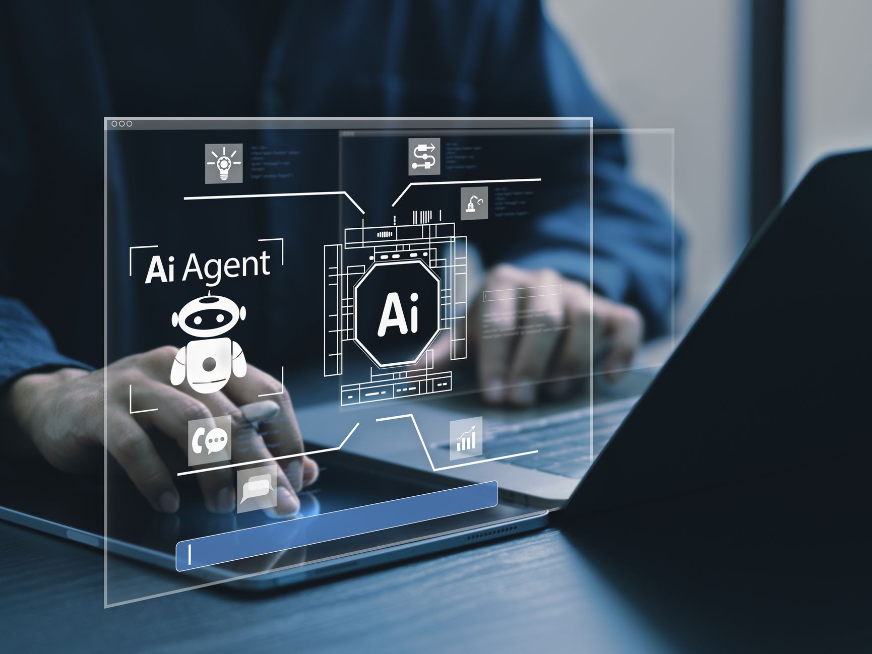 An artistic illustration of an AI agent concept with glowing neural networks