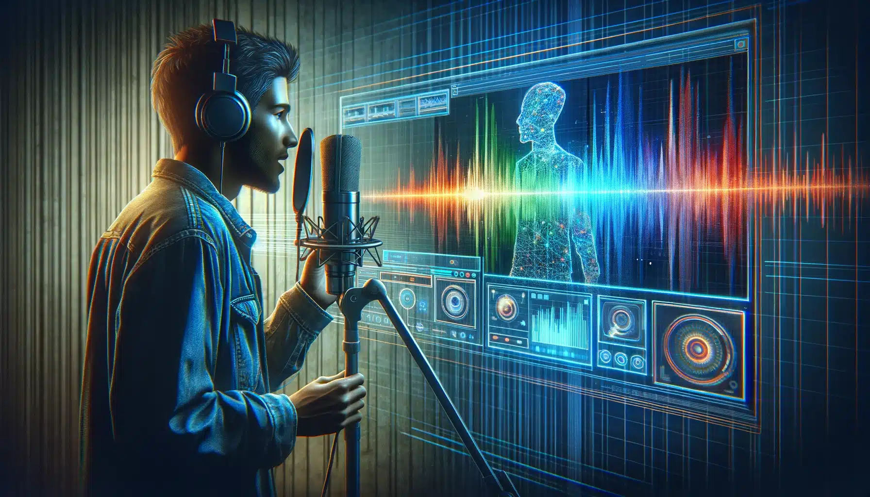 Visualization of a human face merging with digital sound waves