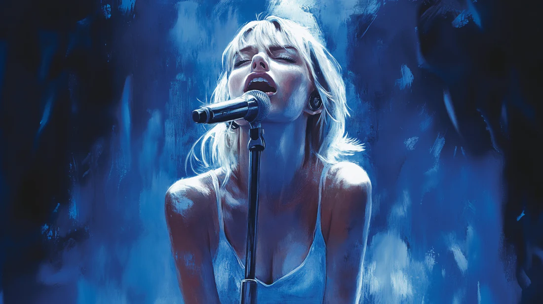 An artistic depiction of a person singing into a vintage microphone