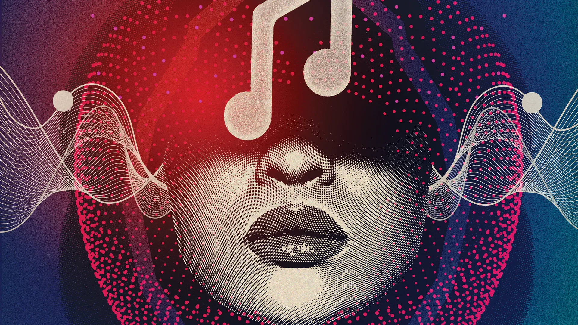 An artistic image of a person wearing headphones, deeply immersed in music with abstract sound waves.