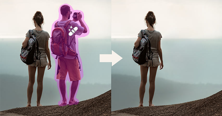 A before-and-after image showing a person being removed from a beach photo with AI.