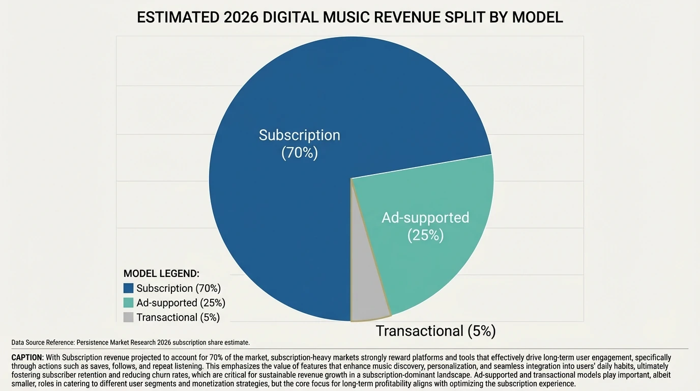 Pie chart showing estimated 2026 digital music revenue split by model—Subscription 70%, Ad-supported 25%, Transactional 5%