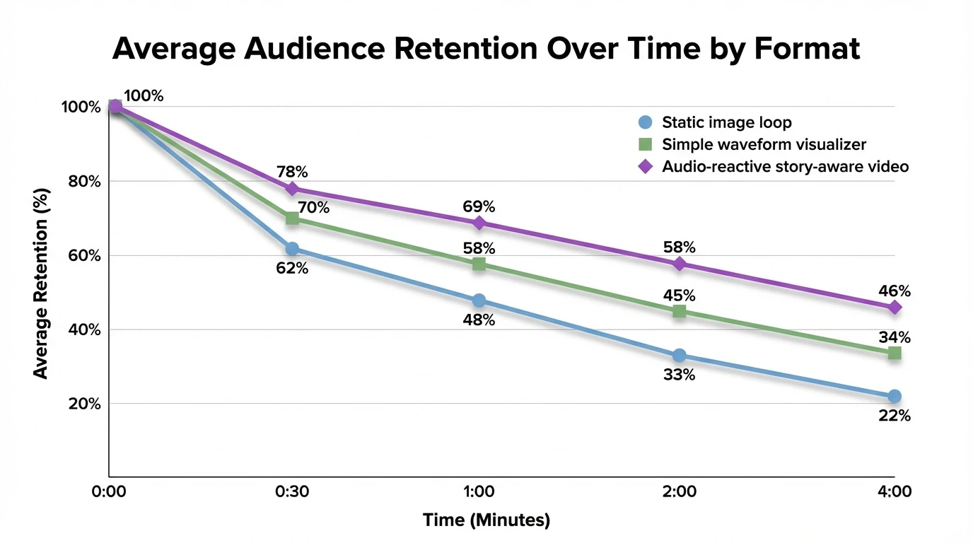 Line chart showing average audience retention over time for three formats (Static image loop, Simple waveform visualizer, Audio-reactive story-aware video). Data: at 0:00 all at 100%