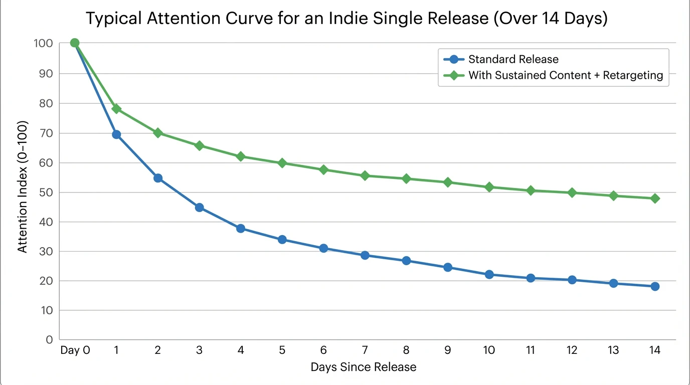 Line chart showing typical attention curve for an indie single release over 14 days (index 0–100): Day 0=100, Day 1=70, Day 2=55, Day 3=45, Day 4=38, Day 5=34, Day 6=31, Day 7=29, Day 10=22, Day 14=18
