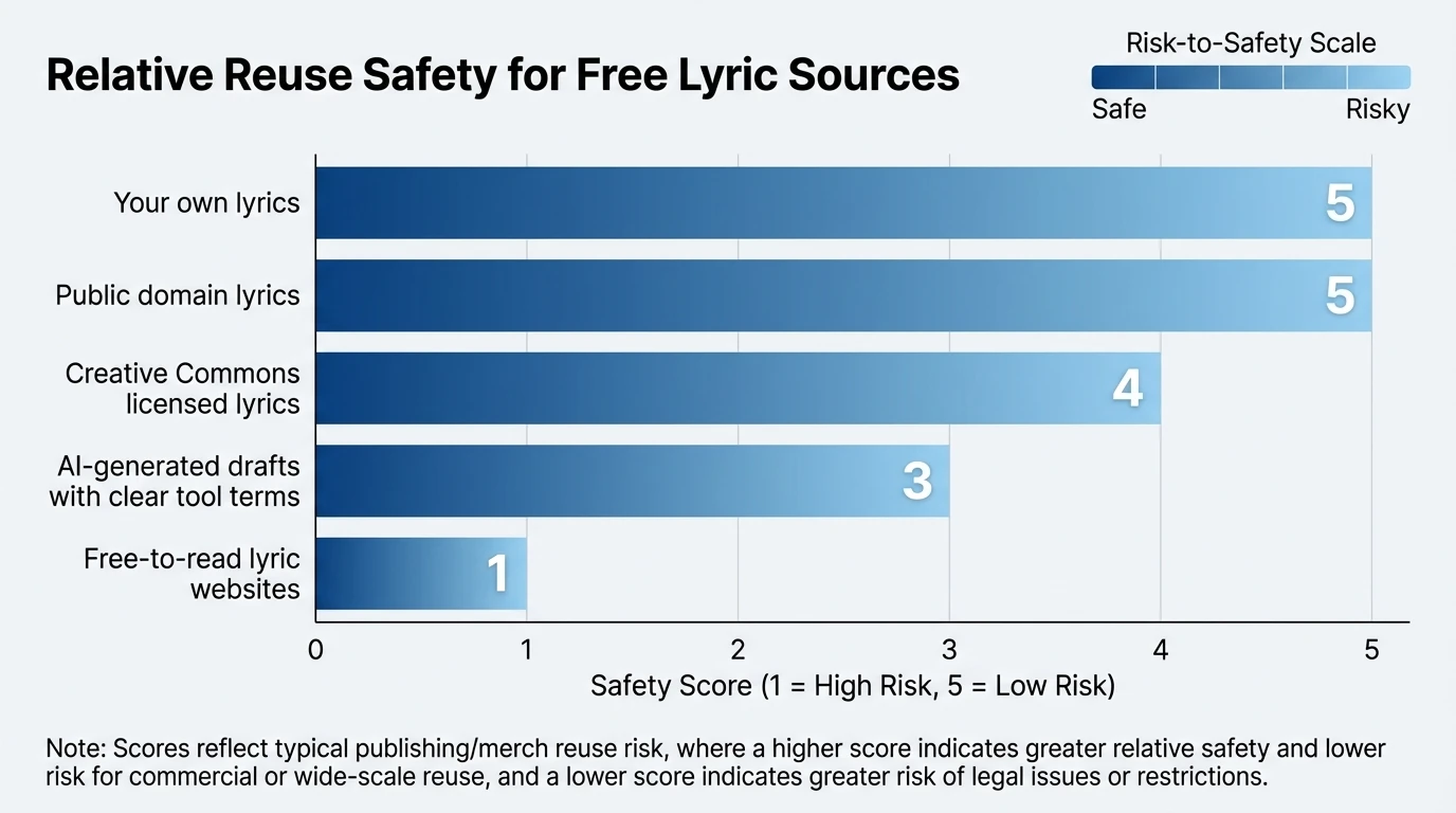 Bar chart showing “Relative Reuse Safety for Free Lyric Sources” with scores 1–5