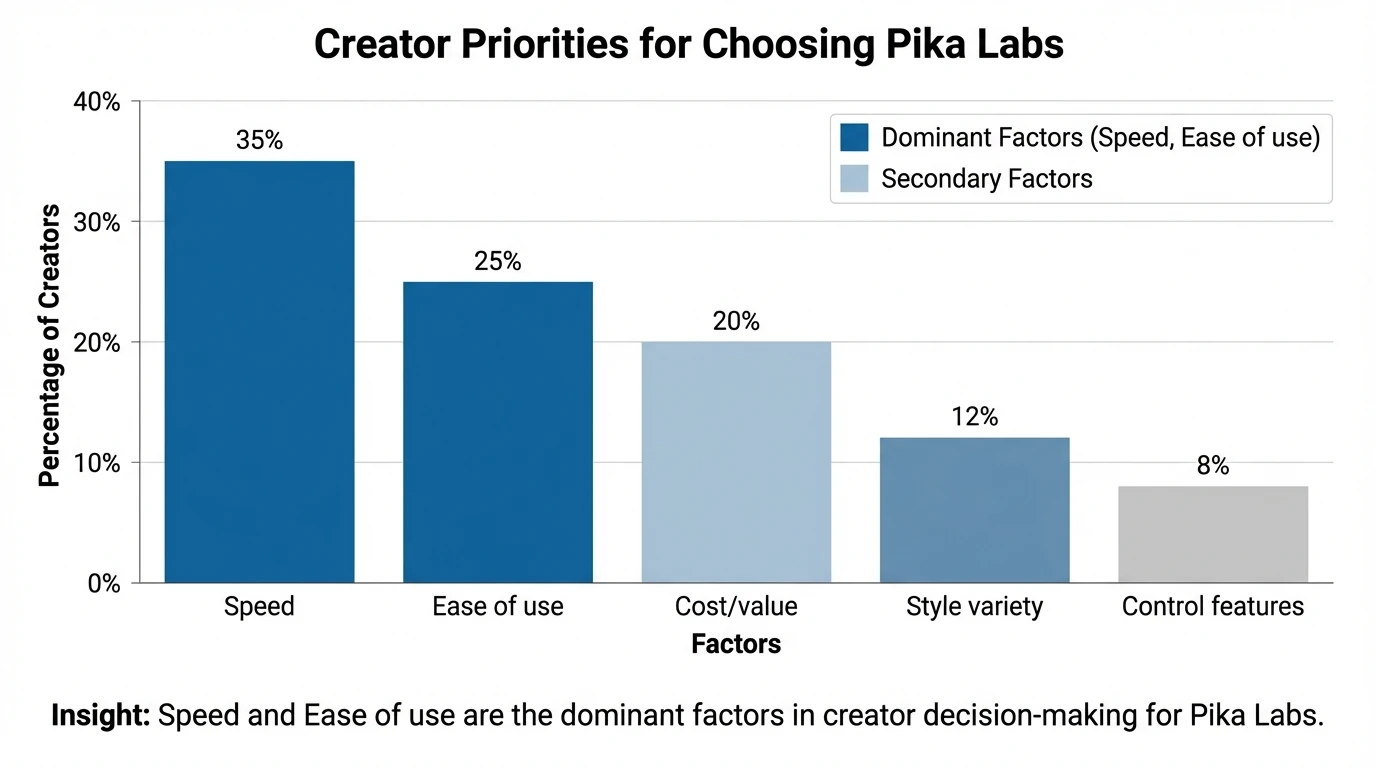 Bar chart comparing creator priorities for choosing Pika Labs—Speed 35%, Ease of use 25%, Cost/value 20%, Style variety 12%, Control features 8%