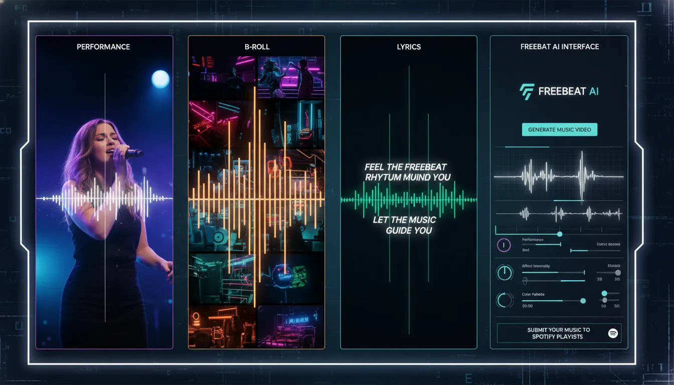 Freebeat AI music video, audio-reactive video generator, submit music to Spotify playlists promo video