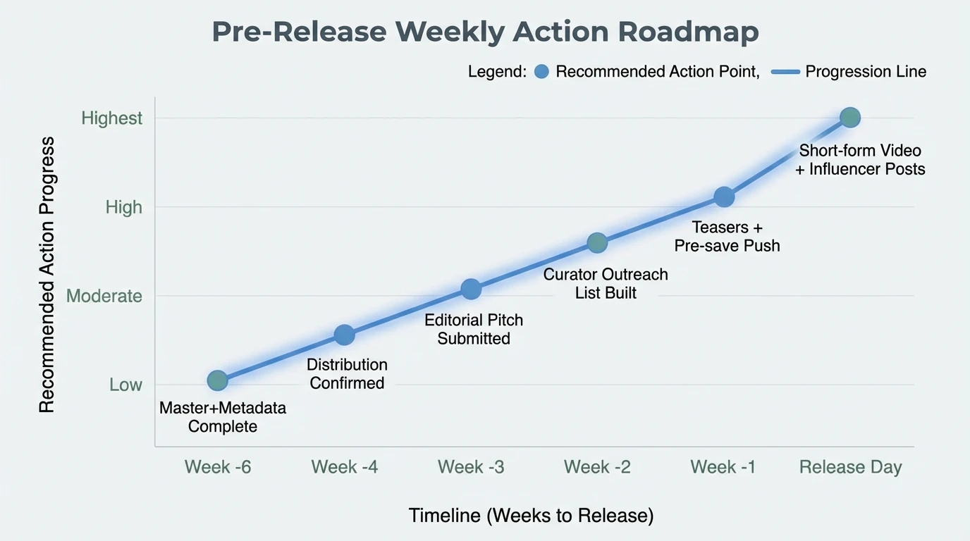 Line chart showing recommended weekly actions from week -6 to release day