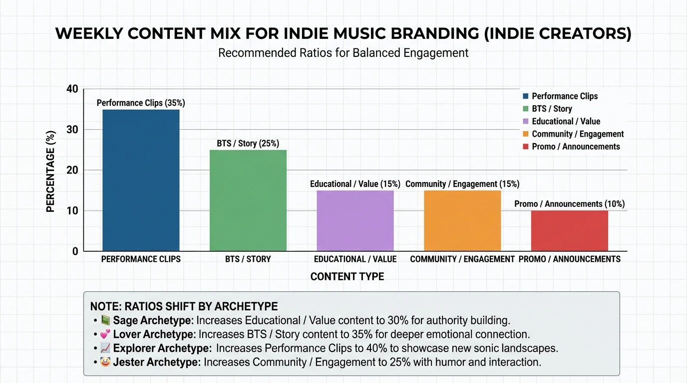 Bar chart showing weekly content mix for indie music branding for indie creators—Performance clips 35%, BTS/story 25%, Educational/value 15%, Community/engagement 15%, Promo/announcements 10%