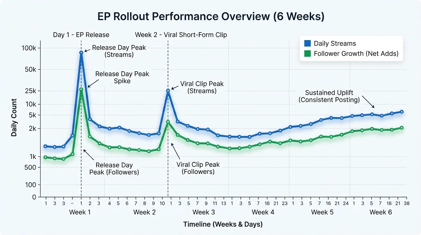 Line chart showing a typical EP rollout performance over 6 weeks—daily streams and follower growth