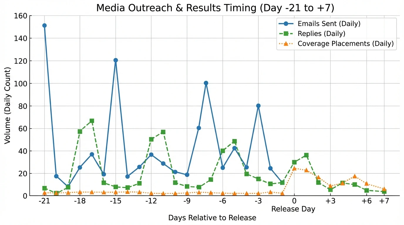 Line chart showing outreach vs results over 21 days—X-axis days -21 to +7