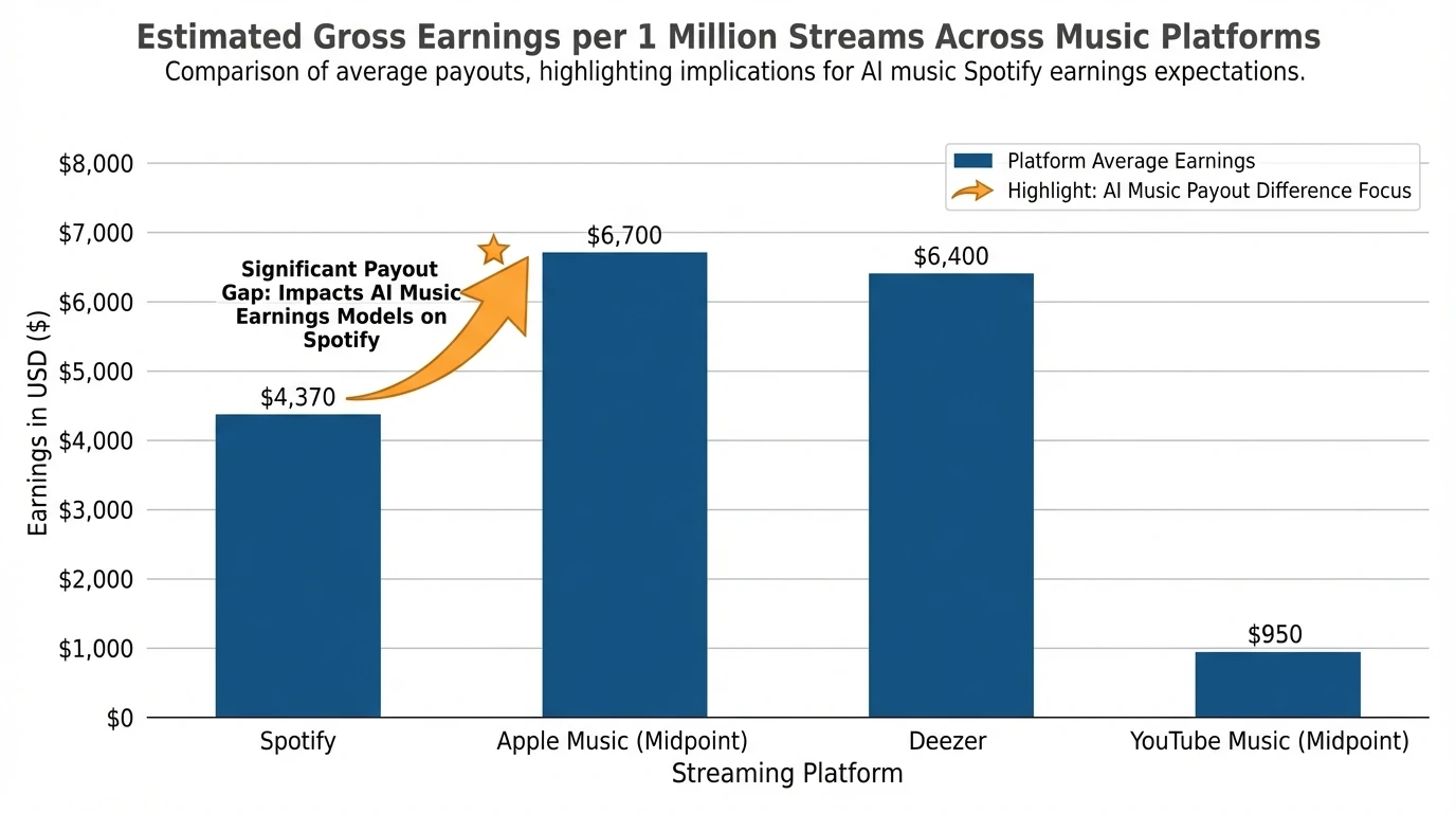 Bar chart showing estimated gross earnings at 1,000,000 streams across platforms using these values—Spotify $4,370