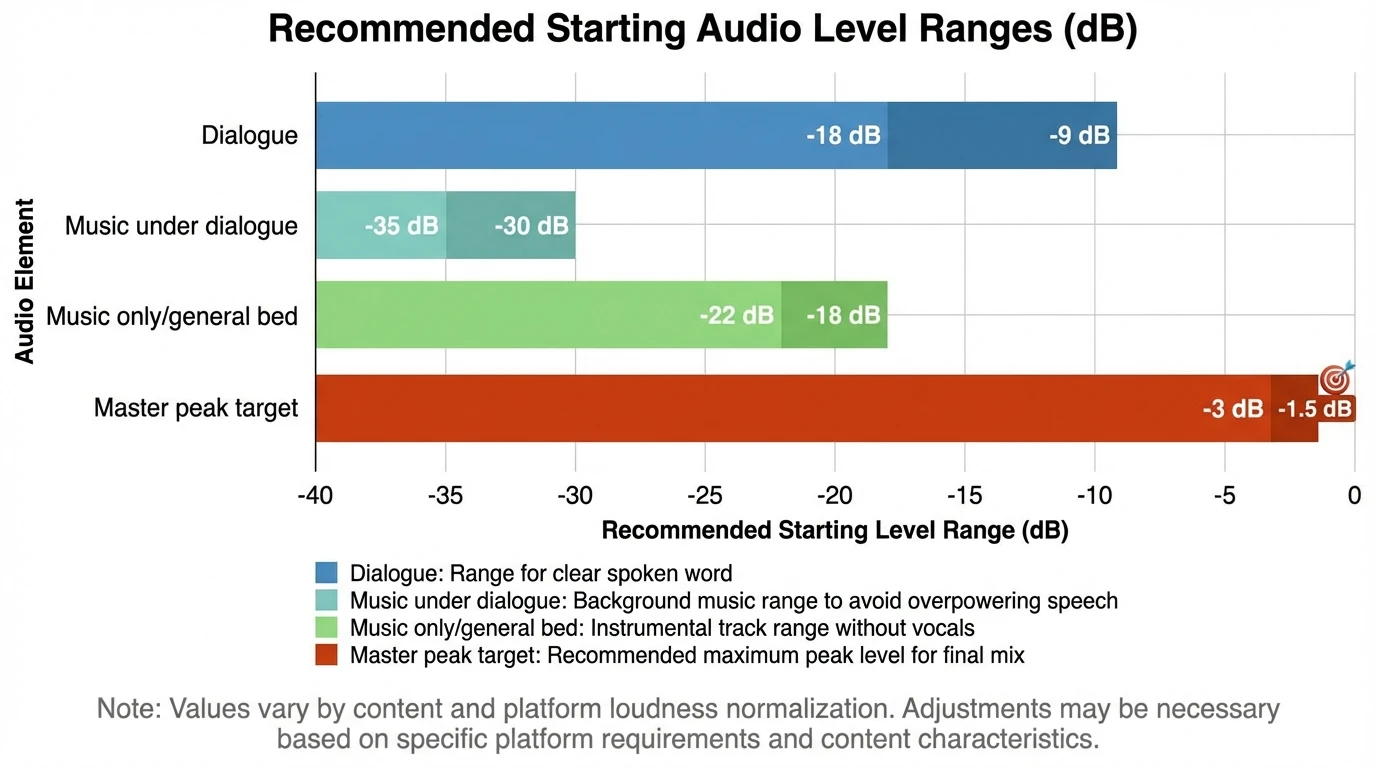 Bar chart showing recommended starting level ranges (dB) for common elements—Dialogue: -18 to -9 dB, Music under dialogue: -35 to -30 dB, Music only/general bed: -22 to -18 dB, Master peak target: around -1.5 dB to -3 dB