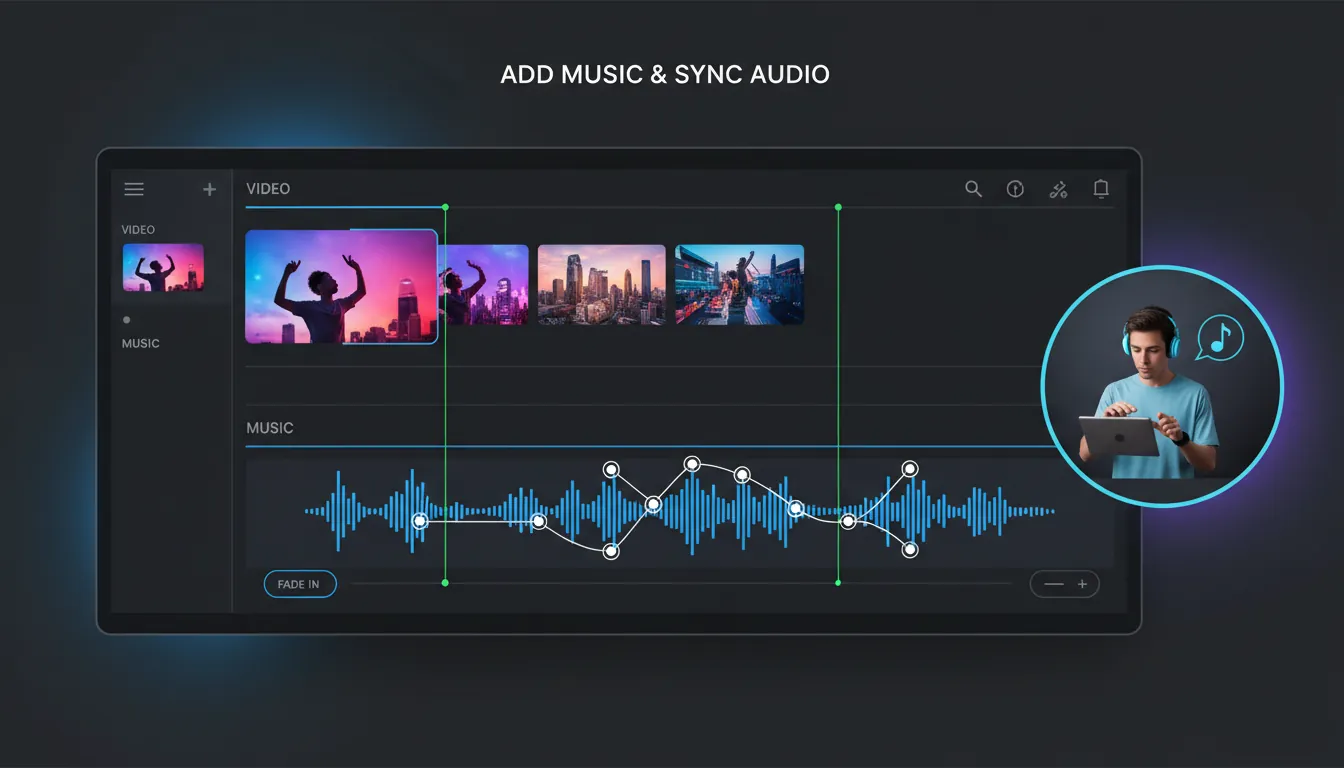 add music to a video timeline, background music levels, audio sync