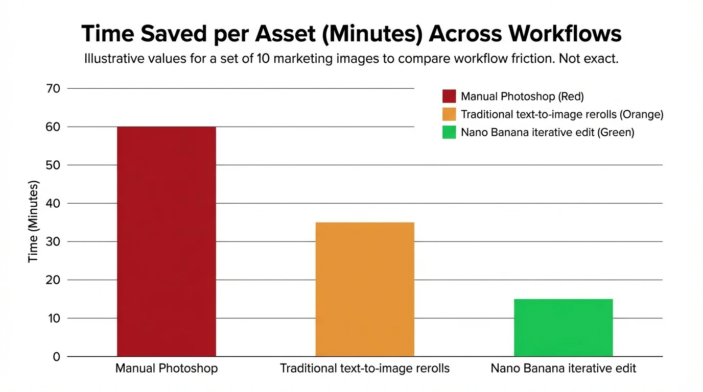 Bar chart showing “Time saved per asset” across workflows—Manual Photoshop (60 min), Traditional text-to-image rerolls (35 min), Nano Banana iterative edit (15 min)—for a set of 10 marketing images
