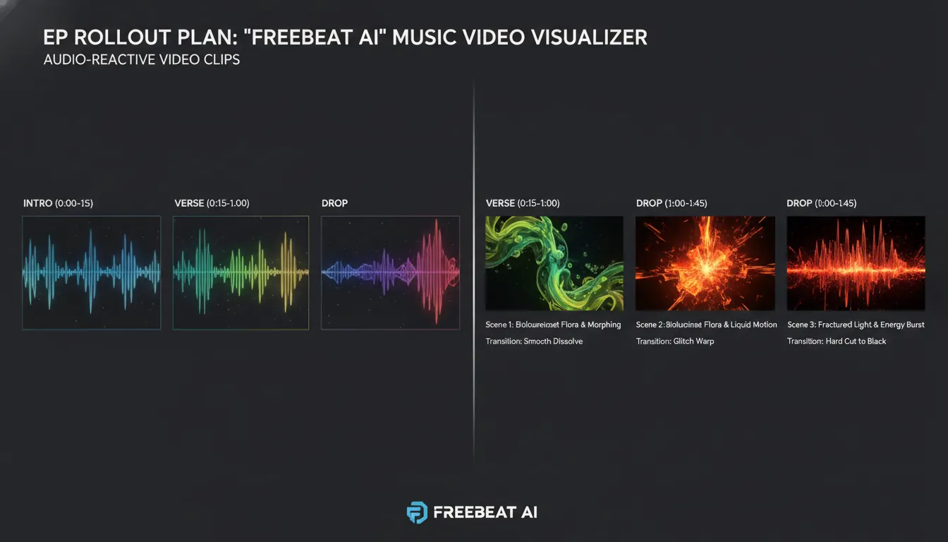 EP rollout plan with audio-reactive video clips for Freebeat AI music video rollout