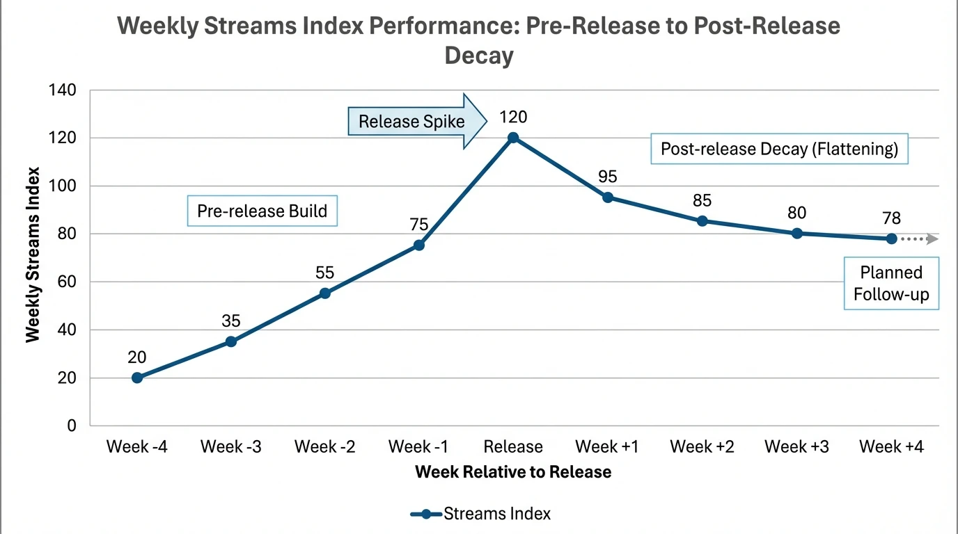 Line chart showing weekly streams index across 8 weeks: Week -4=20, -3=35, -2=55, -1=75, Release=120, +1=95, +2=85, +3=80, +4=78