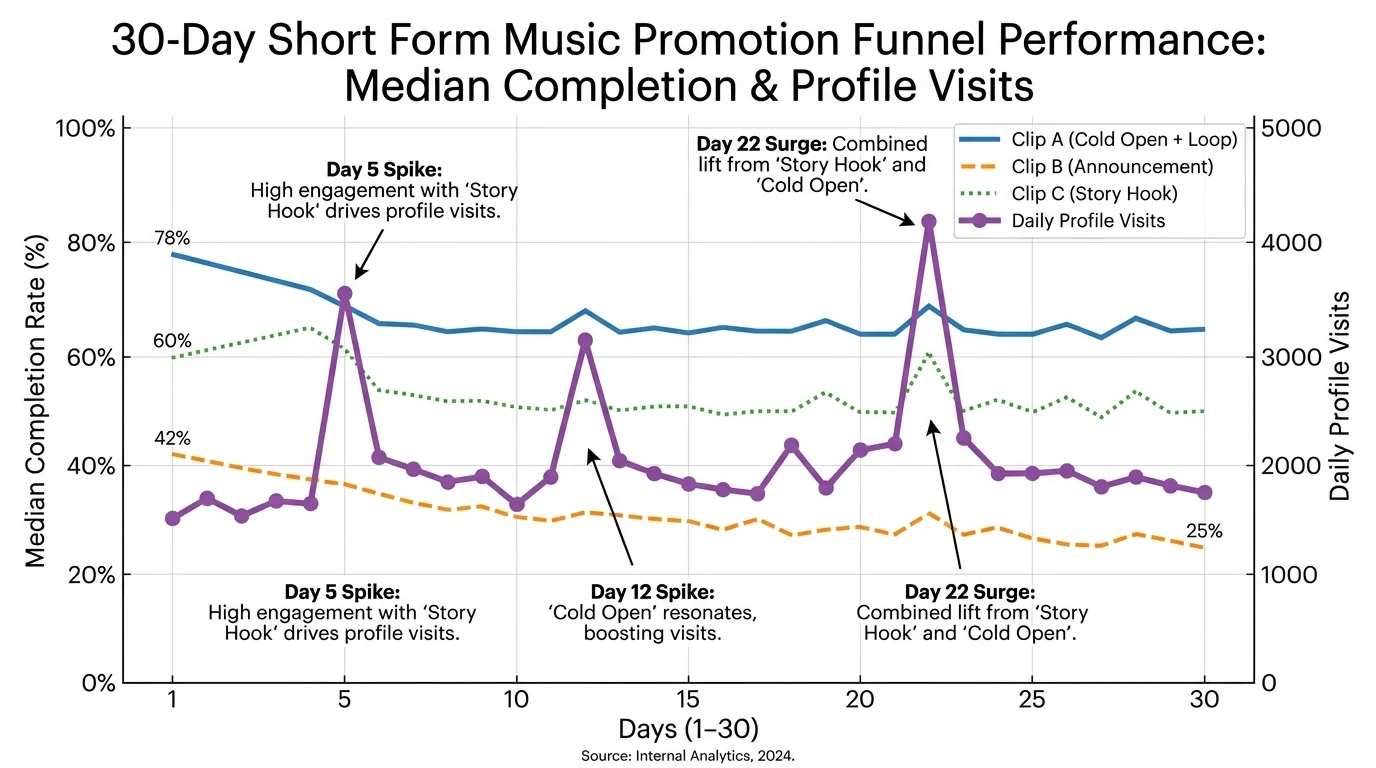 Line chart showing 30-day short form music promotion funnel performance