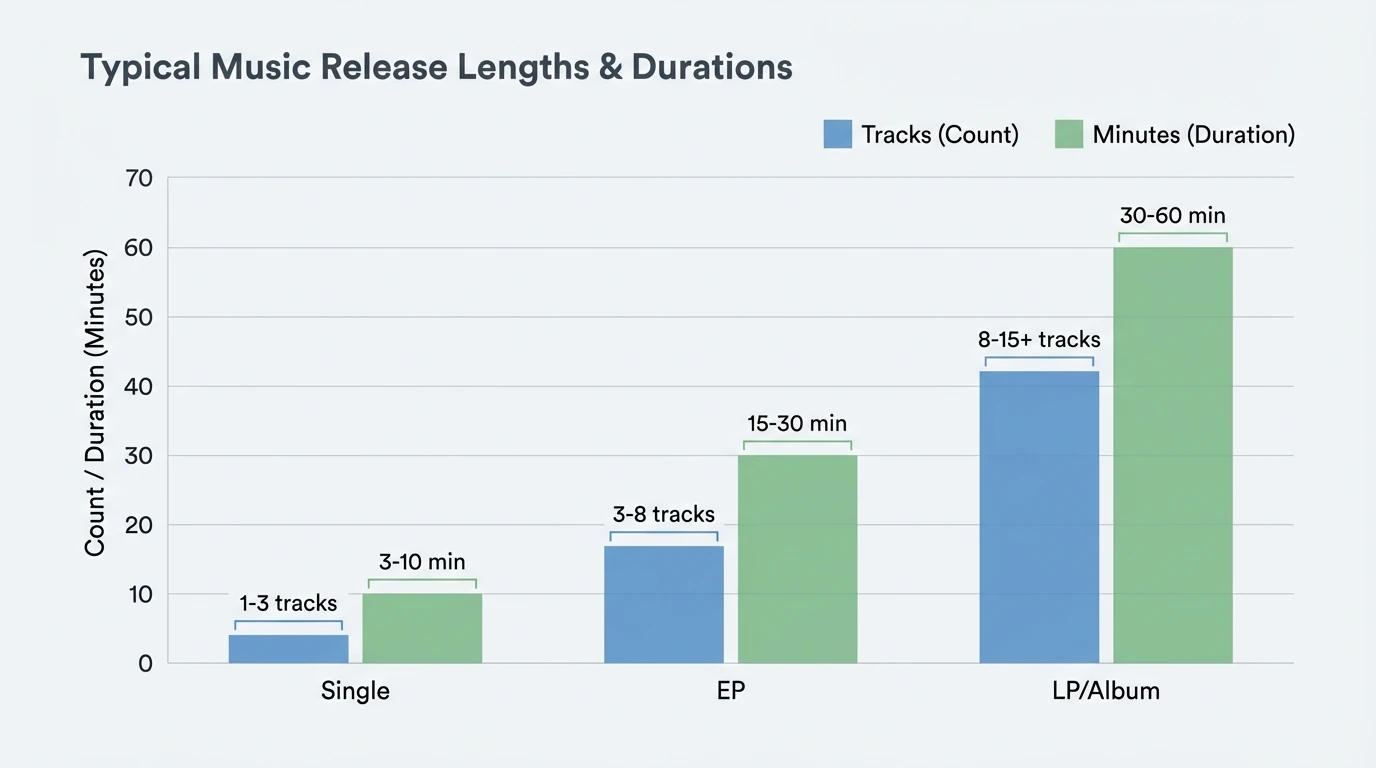 Bar chart showing typical release lengths—Single (1-3 tracks, 3-10 min), EP (3-8 tracks, 15-30 min), LP/Album (8-15+ tracks, 30-60 min)