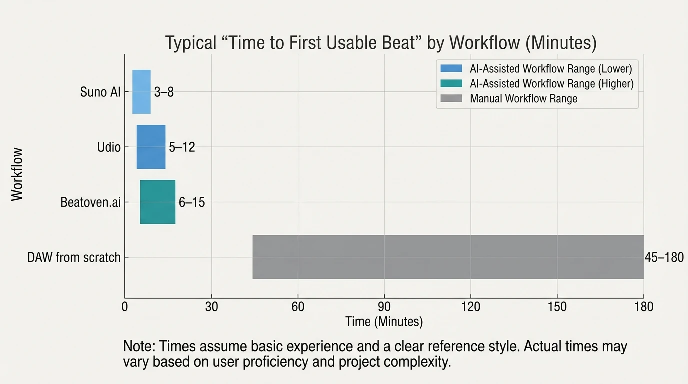 Bar chart comparing typical “time to first usable beat” (minutes) for workflows—Suno AI: 3–8, Udio: 5–12, Beatoven.ai: 6–15, DAW from scratch: 45–180