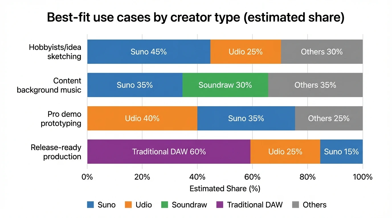 Bar chart showing “Best-fit use cases by creator type (estimated share)” with data: Hobbyists/idea sketching—Suno 45%, Udio 25%, Others 30%