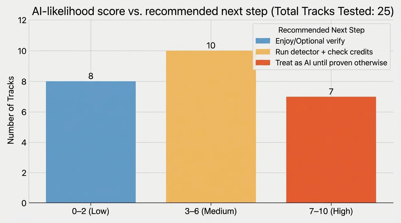 Bar chart showing “AI-likelihood score vs. recommended next step”