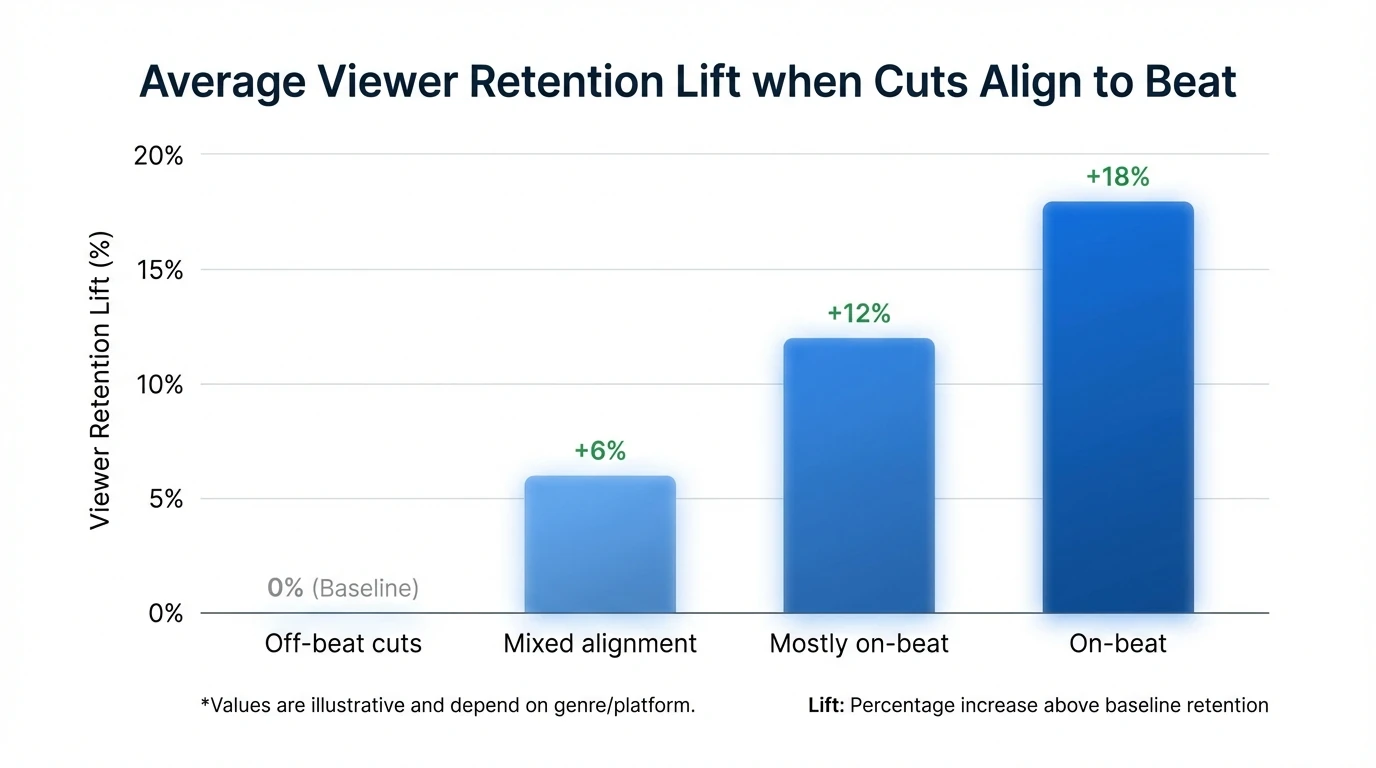 Bar chart showing “Average viewer retention lift when cuts align to beat” with example data: Off-beat cuts 0% baseline, Mixed alignment +6%, Mostly on-beat +12%, On-beat +18%