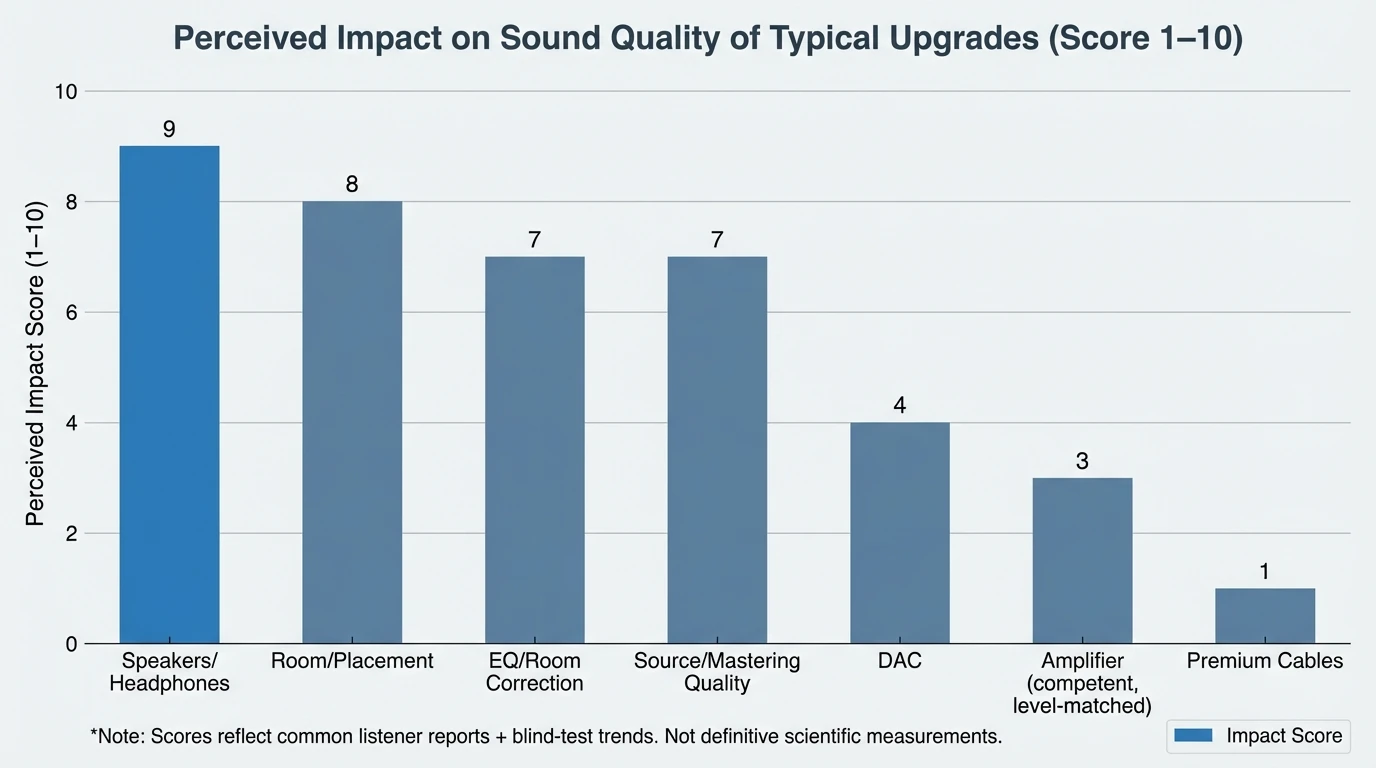 Bar chart showing perceived impact on sound quality (1–10) for typical upgrades: Speakers/Headphones=9, Room/Placement=8, EQ/Room Correction=7, Source/Mastering Quality=7, DAC=4, Amplifier (competent, level-matched)=3, Premium Cables=1