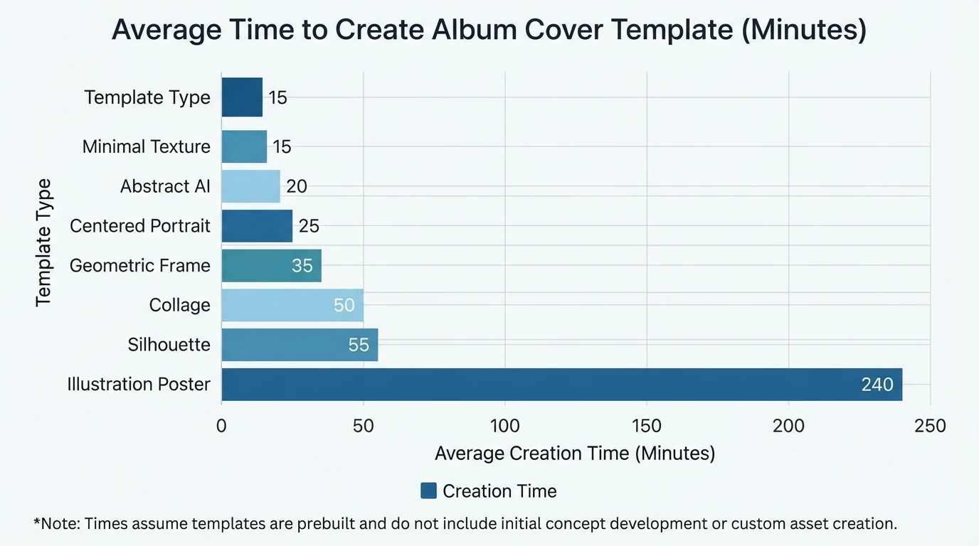 Bar chart showing average time to create each album cover template (minutes): Minimal Texture 15, Abstract AI 20, Centered Portrait 25, Geometric Frame 35, Collage 50, Silhouette 55, Illustration Poster 240
