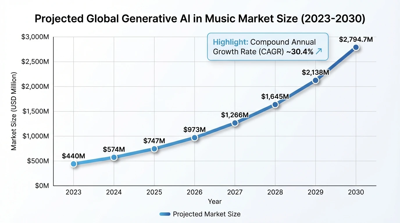 Line chart showing projected global generative AI in music market size from 2023 to 2030