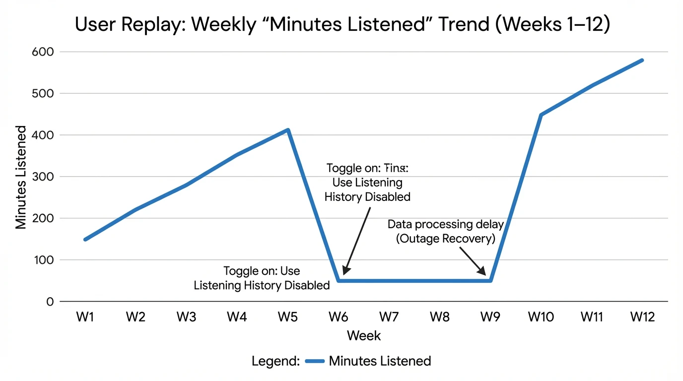 Line chart showing a sample user’s Replay “minutes listened” trend across weeks (Week 1–12) with a visible flatline between Weeks 6–9 representing a tracking outage, then recovery after enabling “Use Listening History”