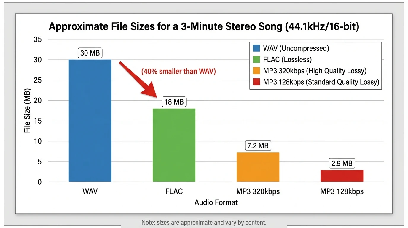 Bar chart showing approximate file sizes for a 3-minute stereo song at 44.1kHz/16-bit—WAV ~30 MB, FLAC ~18 MB (40% smaller), MP3 320kbps ~7.2 MB, MP3 128kbps ~2.9 MB