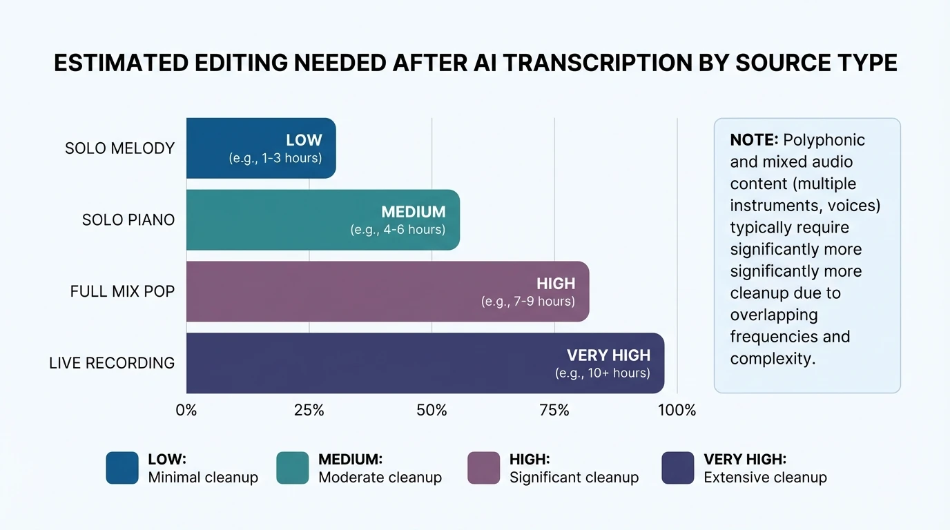 Bar chart showing estimated “editing needed after AI transcription” by source type (Solo melody: Low