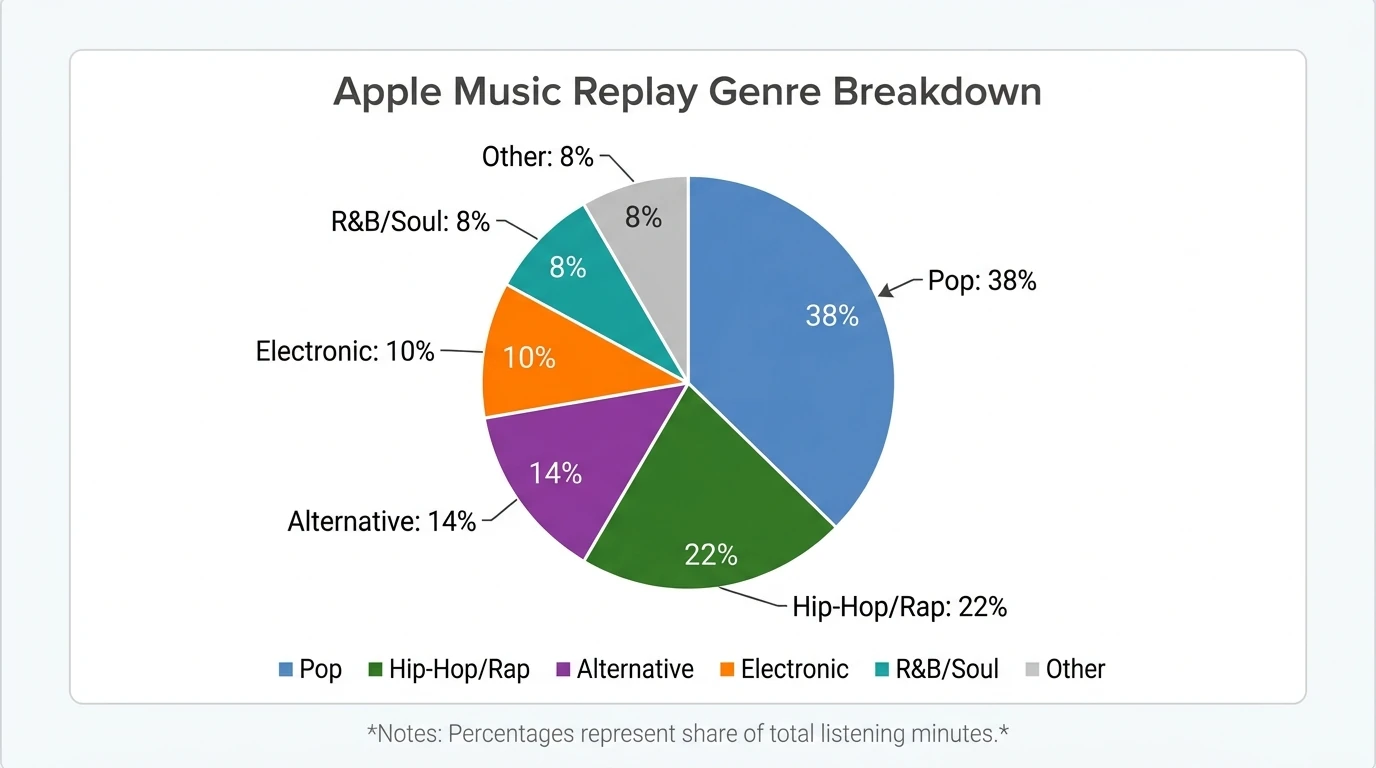 Pie chart showing an example Apple Music Replay genre breakdown with percentages: Pop 38%, Hip-Hop/Rap 22%, Alternative 14%, Electronic 10%, R&B/Soul 8%, Other 8%