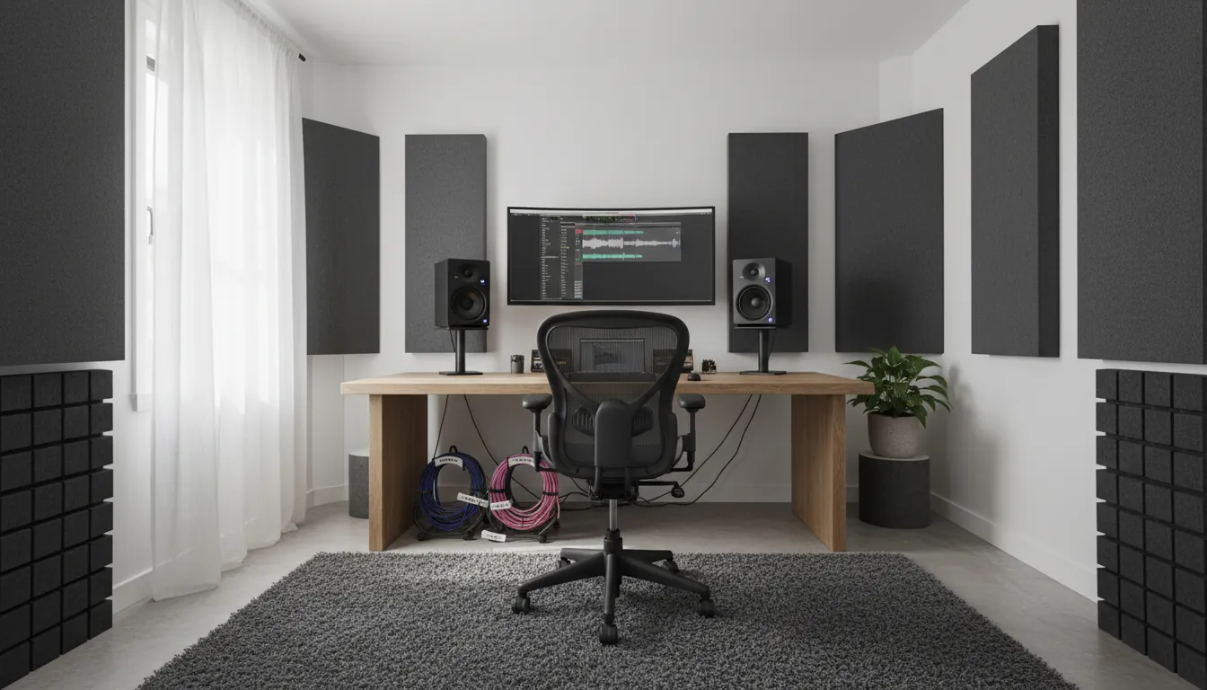 home studio setup monitors acoustic treatment cable management