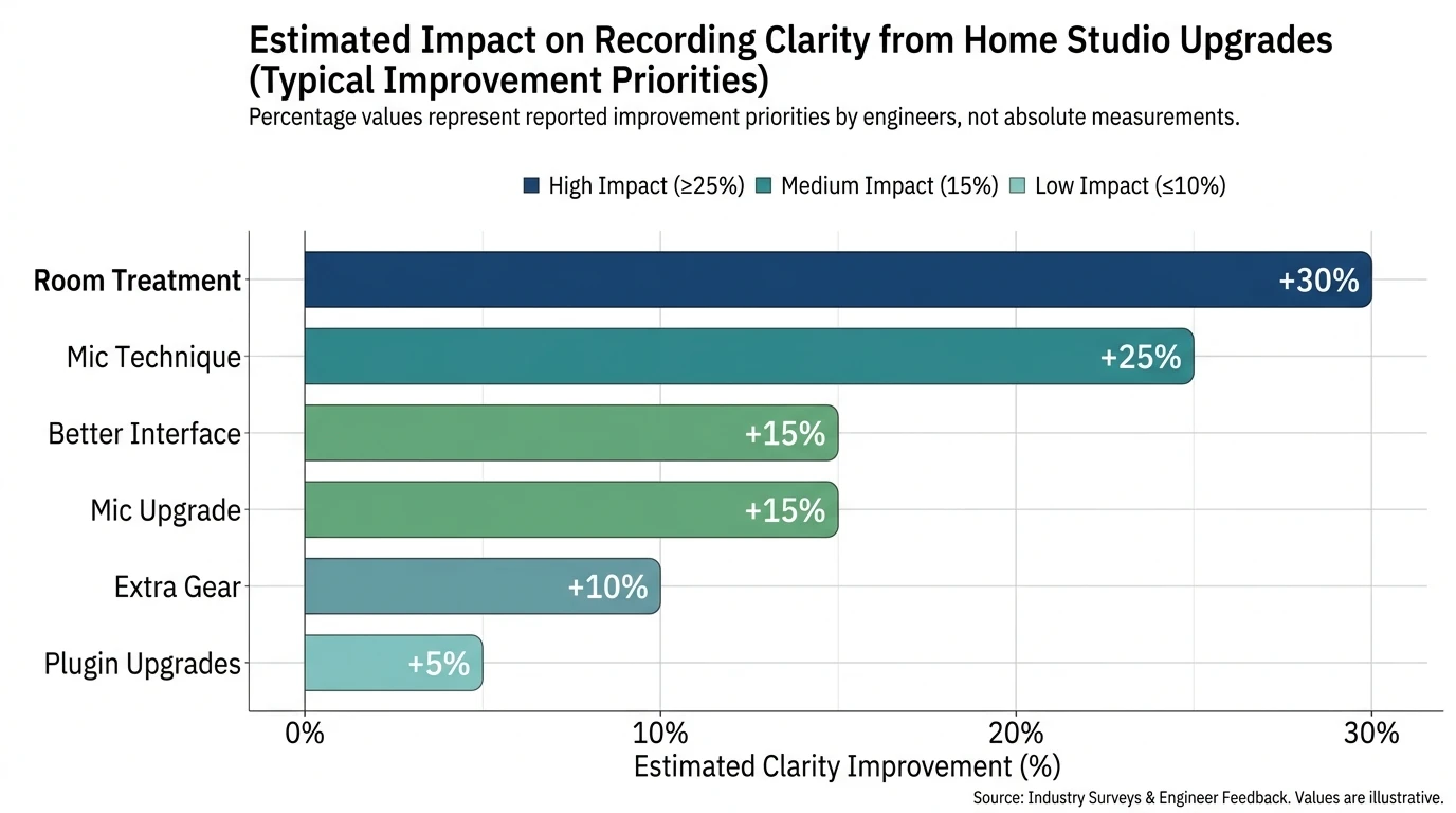 Bar chart showing estimated impact on recording clarity from common home studio setup upgrades (Room treatment +30%, Mic technique +25%, Better interface +15%, Mic upgrade +15%, Plugin upgrades +5%, Extra gear +10%)
