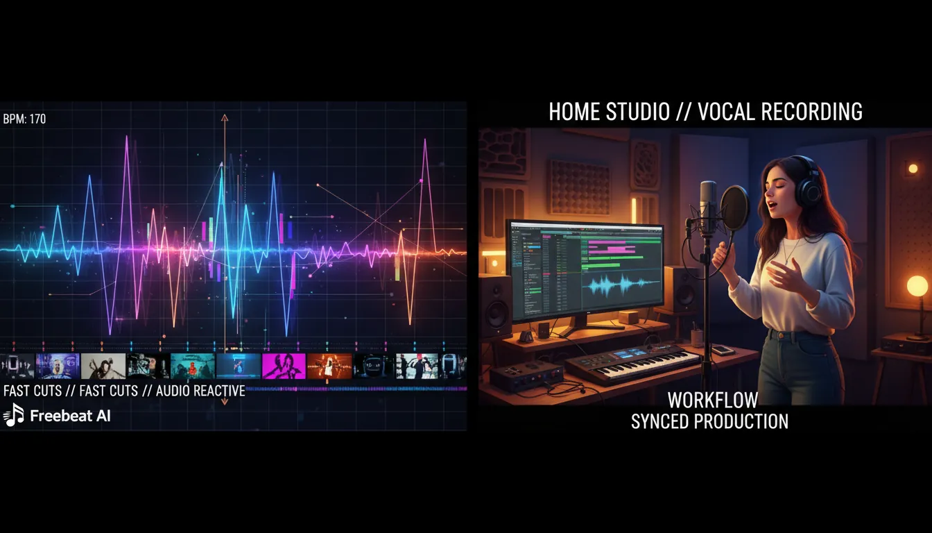 home studio setup workflow with audio reactive music video generator Freebeat AI