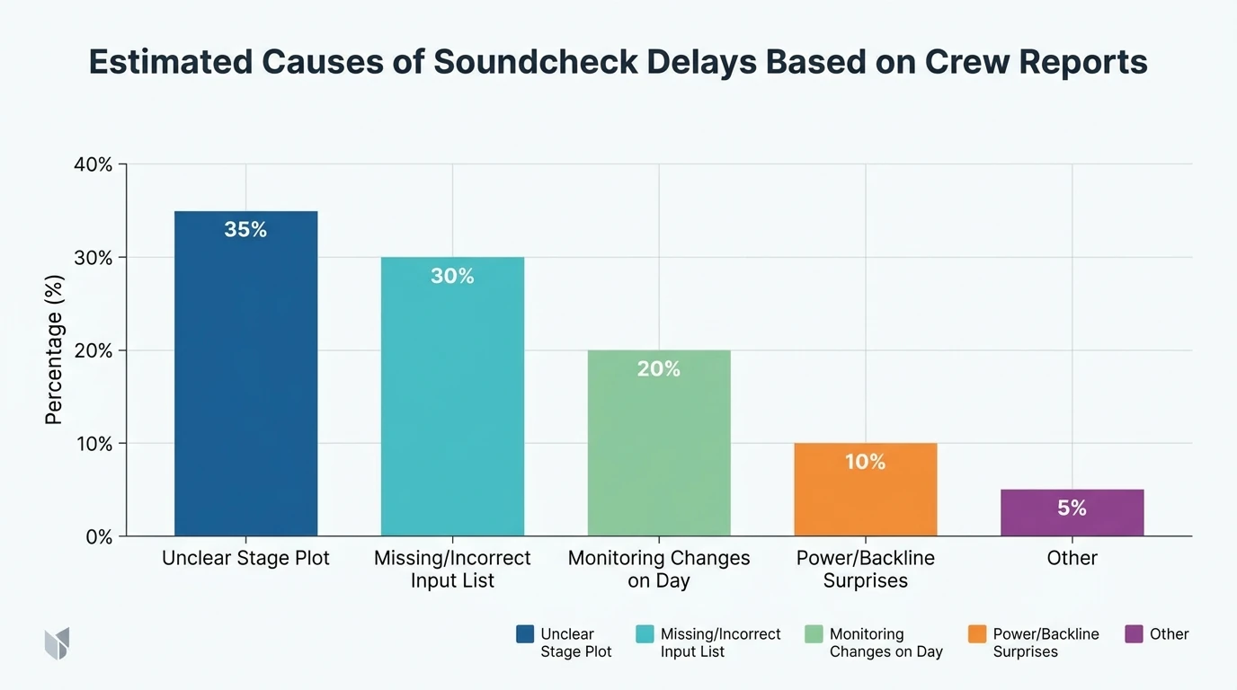 Bar chart showing estimated causes of soundcheck delays based on crew reports