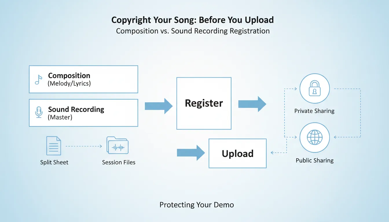 copyright a song before uploading demo, composition vs sound recording registration, demo upload rights
