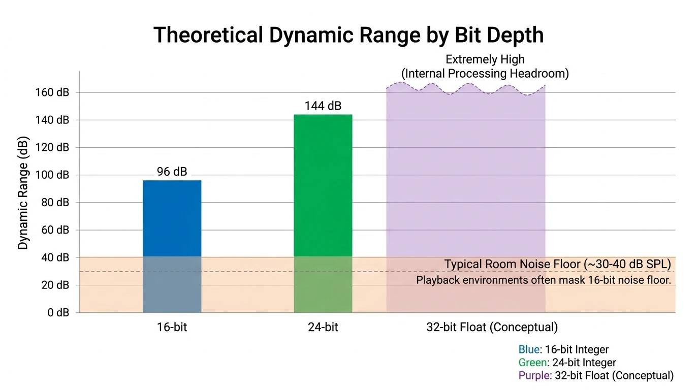 Bar chart showing theoretical dynamic range by bit depth—16-bit: 96 dB, 24-bit: 144 dB, 32-bit float: extremely high (conceptual, note “internal processing headroom”)