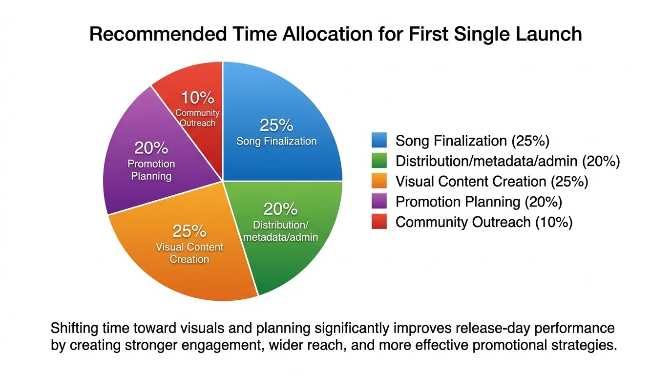 Pie chart showing recommended time allocation for first single launch—Song finalization 25%, Distribution/metadata/admin 20%, Visual content creation 25%, Promotion planning 20%, Community outreach 10%